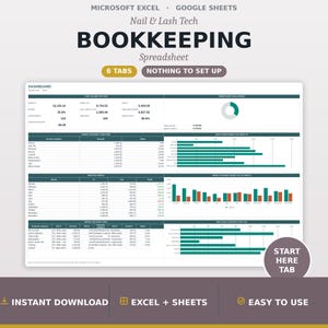 May include: A digital bookkeeping spreadsheet for nail and lash technicians compatible with Microsoft Excel and Google Sheets. The interface features a dashboard with financial data, charts, and tables, including sections for income, expenses, and monthly profit tracking.