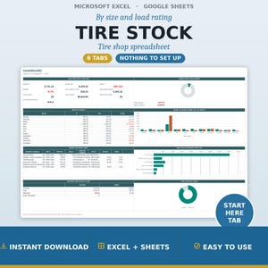Könnte beinhalten: Eine digitale Tabellenvorlage für Reifengeschäfte für Microsoft Excel und Google Sheets. Das Dashboard zeigt Finanzdaten, Lagerbestandsmetriken und Ausgabendiagramme mit sechs Registerkarten. Der Text enthält TIRE STOCK, 6 TABS und START HERE TAB.