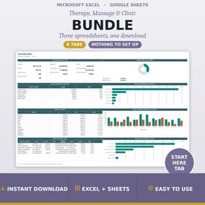 May include: A digital therapy, massage, and clinic bundle spreadsheet for Microsoft Excel and Google Sheets. The dashboard displays financial data, including income, expenses, and profit, with charts, tables, and six tabs. Text includes "Nothing to set up" and "Start here tab."