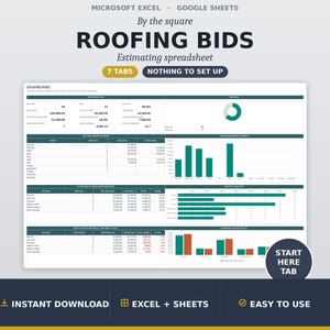 May include: A digital roofing bids estimating spreadsheet for Microsoft Excel and Google Sheets. The dashboard features seven tabs, data tables, bar charts, and a pie chart in teal and dark gray. Text includes ROOFING BIDS, 7 TABS, and START HERE TAB.