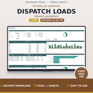 Freight Dispatcher Spreadsheet, Carrier Settlement and Dispatch Fee Tracker, Truck Load Book Template, Google Sheets Excel