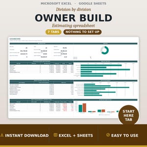 May include: A digital estimating spreadsheet for owner builds, compatible with Microsoft Excel and Google Sheets. The dashboard displays data tables, bar charts, and a pie chart in teal and dark gray. Text includes "OWNER BUILD" and "7 TABS".