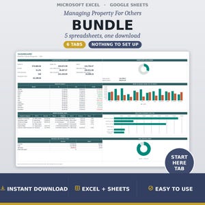 Könnte beinhalten: Ein digitales Tabellenkalkulations-Paket zur Immobilienverwaltung für Dritte, kompatibel mit Microsoft Excel und Google Sheets. Das Dashboard zeigt Finanzdaten, einschließlich monatlicher Einnahmen, Ausgaben und Diagramme.