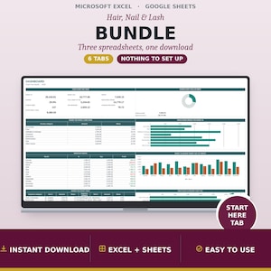 Hair Nail and Lash Bookkeeping Bundle, Salon Income Expense Tracker, Beauty Business Spreadsheet Set, 3 Templates, Google Sheets Excel