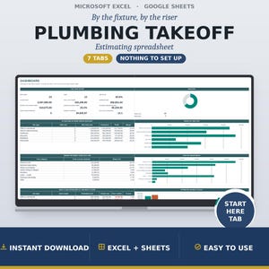 Commercial Plumbing Takeoff Spreadsheet, Fixture Count and Riser Bid Template, Plumbing Contractor Job Cost Tracker, Google Sheets Excel