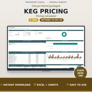 Keg Pricing Calculator, Brewery Batch Costing and Barrel Yield Tool, Taproom Pint Margin Spreadsheet, Google Sheets Excel