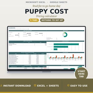 Dog Breeding Cost Calculator, Stud Fee and Litter Budget Pricing Spreadsheet, Puppy Price Estimator, Google Sheets Excel