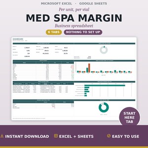 Könnte beinhalten: Eine digitale Geschäftstabellen-Vorlage für Microsoft Excel und Google Sheets mit dem Titel Med Spa Margin. Das Dashboard enthält sechs Registerkarten, Datentabellen, Balkendiagramme und Kreisdiagramme zur Analyse von Finanzkennzahlen.