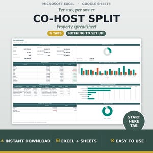 May include: A digital co-host split property spreadsheet for Microsoft Excel and Google Sheets. The dashboard displays financial data, including monthly income, expenses, and profit charts. It features six tabs, a summary section, and a start here tab.