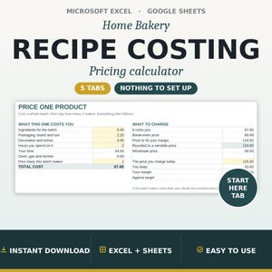 Recipe Cost Calculator Google Sheets Excel, Bakery Pricing Spreadsheet, Cake Cost and Profit Template, Home Baker Price List