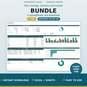Peut inclure: Un ensemble de feuilles de calcul numériques pour Microsoft Excel et Google Sheets présentant un tableau de bord avec des données financières, des graphiques et des tableaux. La mise en page inclut des textes comme Post coverage, overtime and margin, 4 spreadsheets, one download, 6 TABS, NOTHING TO SET UP et START HERE TAB.
