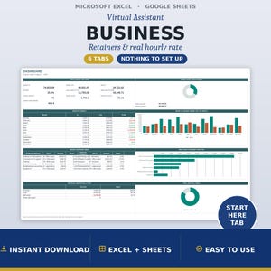 May include: A digital business dashboard template for Microsoft Excel and Google Sheets, featuring six tabs for tracking virtual assistant finances, including income, expenses, profit, and hourly rates with charts, tables, and automated data analysis.