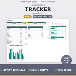 Puede incluir: Una hoja de cálculo digital para el seguimiento de deducciones fiscales para Microsoft Excel y Google Sheets. La interfaz muestra un panel de resumen con tablas para categorías y datos mensuales, junto con gráficos de barras de deducciones.