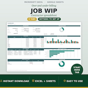 May include: A digital contractor spreadsheet for Microsoft Excel and Google Sheets titled Job WIP. The dashboard displays financial data, including over and under billing, with tables, bar charts, and pie charts in dark green and white color schemes.