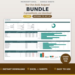 May include: A digital spreadsheet bundle for Microsoft Excel and Google Sheets titled Your Own Build, Budgeted BUNDLE. The dashboard displays project data, including job types, profit margins, cost estimates, and win rates with charts and tables.