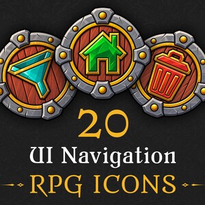 Op de afbeelding: Drie ronde game-iconen met houten centra en grijze metalen randen met gouden klinknagels. De iconen tonen een turquoise trechter, een groen huis en een rode prullenbak. De tekst eronder luidt 20 UI Navigation RPG ICONS.