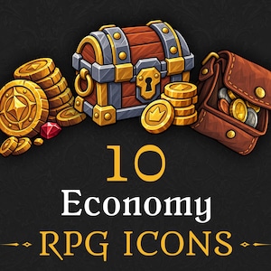 May include: A digital illustration featuring a wooden treasure chest with metal accents, stacks of gold coins, a small red gemstone, and an open brown leather pouch filled with coins. The text 10 Economy RPG ICONS is displayed in yellow and white.