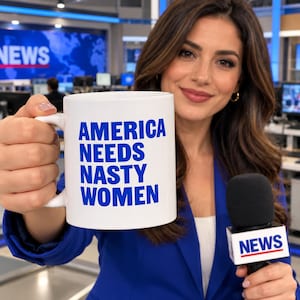 May include: A white ceramic mug featuring the blue text AMERICA NEEDS NASTY WOMEN printed in a bold, sans-serif font. The mug has a standard cylindrical shape with a curved handle on the side, designed for holding hot or cold beverages comfortably.