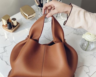 Structured Leather Top Handle Bag – Women's Crossbody Shoulder Purse, Minimalist Office Handbag, Elegant Everyday Luxury Tote