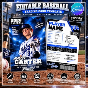 Puede incluir: Una plantilla de tarjeta de béisbol coleccionable editable que mide 6,35 cm por 8,89 cm. El diseño muestra a un jugador con uniforme azul y blanco sosteniendo un bate, con texto que incluye '2026 Baseball', 'Mason Carter' y estadísticas.
