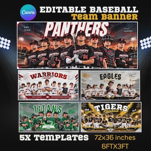 May include: Five editable baseball team banner templates measuring 72x36 inches. The designs feature sports teams in uniforms with text including PANTHERS, WARRIORS, EAGLES, TITANS, and TIGERS. Each banner displays players on a field with stadium lighting.