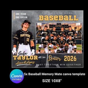 May include: A digital baseball memory mate template featuring a player in a black and gold uniform, a team photo on a field, and text including Riverdale High School Baseball, John Taylor, Senior 2026, One Team One Dream, and Play Together Win Together.