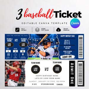 Op de afbeelding: Een digitaal honkbalticket-sjabloon in blauw en wit met een honkbalspeler die een knuppel vasthoudt. De tekst bevat "3 baseball Ticket", "EDITABLE CANVA TEMPLATE", "HAPPY BIRTDAY DAD", "ADMIT ONE" en "TEAM NAME".