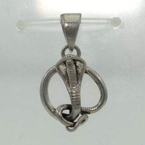 May include: A silver-toned metal pendant featuring a coiled cobra snake with its hood flared. The snake's body forms a circular shape, and the pendant is attached to a triangular bail at the top, designed for suspension on a necklace chain.