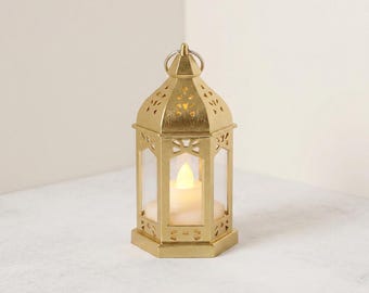 Set of 6 Gold Plastic Mini Lanterns, LED Tealight Candles for Weddings (3.5" Tall)