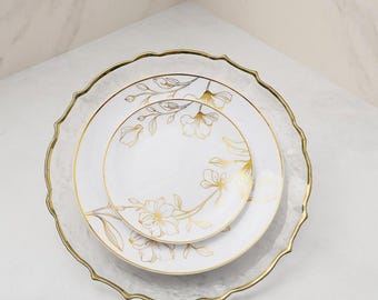 White Plastic Salad Plates with Gold Floral Design, Set of 20, Disposable Party Tableware