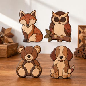 May include: Four decorative wooden animal figures featuring a fox, an owl perched on a branch, a teddy bear, and a dog. Each figure is crafted from multiple shades of natural wood, showcasing distinct grain patterns and smooth, layered contours.