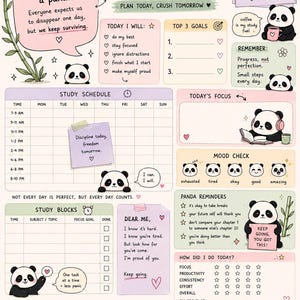 Op de afbeelding: Een pastelkleurige studieplannerpagina met panda-illustraties en tekstsecties zoals een to-do lijst, studieschema, stemmingscheck en doelen. De lay-out bevat secties voor dagelijkse focus, studieblokken, brain dump en ideeën voor pauzes.