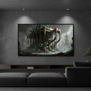 May include: A rectangular wall art print featuring a dark, post-apocalyptic scene of a crumbling, ancient-style building with large, organic, root-like structures entwined around its stone columns, accented by glowing teal lights.