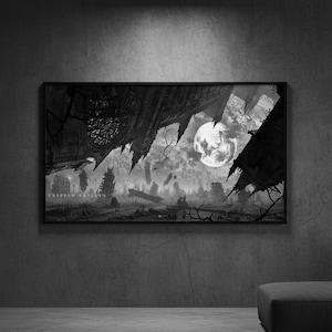 May include: A rectangular black-framed wall art print featuring a monochromatic, dark fantasy landscape. The scene depicts a ruined gothic structure under a large, glowing moon, with the text "TRIPPEN TRILLEY" visible in the lower left corner.