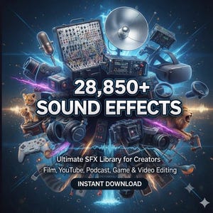 Könnte beinhalten: Eine digitale Collage mit Audio- und Videogeräten wie Mikrofon, modularem Synthesizer, VR-Headset und Kameras. Der Text lautet: 28,850+ SOUND EFFECTS, Ultimate SFX Library for Creators, Film, YouTube, Podcast, Game & Video Editing, INSTANT DOWNLOAD.