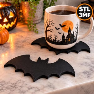 ハロウィンコウモリ型鍋敷きSTLファイル、3Dプリント可能なマグカップコースター、ゴシックコウモリ型ホットドリンクスタンド、不気味な秋のテーブルデコレーション、デジタルダウンロード