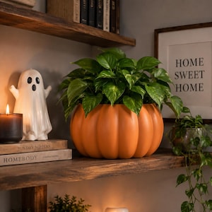 Può includere: Una pianta di pothos dal verde brillante è collocata all'interno di un vaso in ceramica arancione a forma di zucca. Il vaso presenta profonde scanalature verticali e una base arrotondata, offrendo un contenitore festoso per il fogliame.