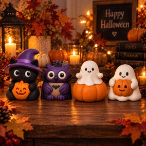 May include: A set of four Halloween figurines featuring a black cat in a purple witch hat holding a pumpkin, a purple owl with a crown, a white ghost sitting on a pumpkin, and a white ghost holding a small orange pumpkin, all arranged in a row.