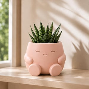 May include: A light pink ceramic planter shaped like a seated figure with rounded arms and legs. The planter features a simple engraved face with closed eyes and a small smile. A green and dark green variegated succulent plant grows inside.