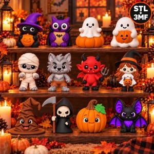 May include: A collection of twelve small Halloween-themed figurines including a black cat in a purple hat, a purple owl, ghosts, a mummy, a werewolf, a red devil, a witch, a brown hat, a grim reaper, a pumpkin, and a purple bat.