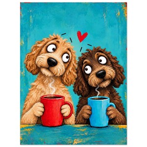 Peut inclure: Une peinture fantaisiste de deux chiens aux poils bouclés sur un fond bleu sarcelle texturé. Un chien brun clair tient une tasse rouge et un chien brun foncé tient une tasse bleue. De la vapeur s'échappe des tasses et un cœur rouge est peint.