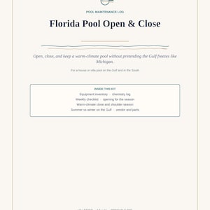 Könnte beinhalten: Ein cremefarbenes Dokument mit dem Titel Florida Pool Open & Close von Gulfbound Paper. Es enthält ein Pool-Wartungsprotokoll, Ausrüstungsinventar, Chemielogbuch, wöchentliche Checkliste und saisonale Öffnungs- und Schließungsanleitungen für 21,59 x 27,94 cm Papier.