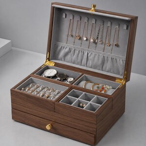 May include: A dark wood jewelry box with a hinged lid, featuring a gray velvet interior. The lid has hooks for necklaces, while the base contains compartments for rings, watches, and bracelets, plus a bottom drawer with a gold-toned knob.