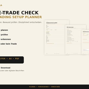 Könnte beinhalten: Ein digitales Trading-Planer-Set mit dem Titel EMIQORA PRE-TRADE CHECK & TRADING SETUP PLANNER. Das Dokument umfasst drei A4-Seiten zur Planung, Risikoprüfung und Handelsbewertung, inklusive eines schwarzen Buttons mit der Aufschrift 3 SEITEN A4 PDF.