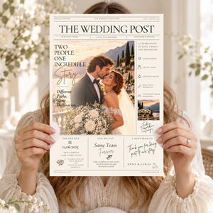Könnte beinhalten: Eine rechteckige Hochzeitszeitungs-Vorlage mit dem Titel THE WEDDING POST auf cremefarbenem Hintergrund. Sie enthält ein zentrales Foto eines Paares, Textabschnitte wie OUR LOVE STORY, THE DETAILS und A NOTE FROM US sowie Symbole und das Datum 14.06.2025.