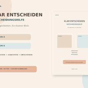 Könnte beinhalten: Ein digitales Entscheidungshilfe-Dokument mit dem Titel KLAR ENTSCHEIDEN ENTSCHEIDUNGSHILFE. Das Layout enthält Bereiche für Option A und Option B sowie Textaufforderungen zum Vergleichen, Gewichten und Entscheiden in einer neutralen Farbpalette.