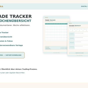 Könnte beinhalten: Eine digitale A4 PDF-Vorlage für Trade Tracker und Wochenübersicht von EMIQORA. Das Dokument umfasst zwei Seiten mit einem Raster zur Dokumentation von Trades sowie Abschnitten für Reflexion, Fokus und Notizen zum Ausdrucken oder digital.