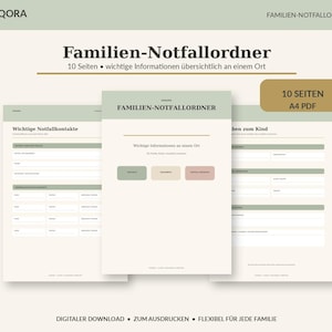 Könnte beinhalten: Eine digitale A4-PDF-Vorlage für einen Familien-Notfallordner mit 10 Seiten. Das Dokument ist in Salbeigrün und Creme gehalten und enthält Abschnitte für wichtige Notfallkontakte und Informationen zum Kind, beschriftet als Familien-Notfallordner.
