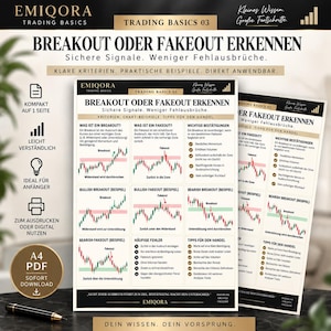 Puede incluir: Un documento educativo en formato A4 titulado Trading Basics 03: Breakout oder Fakeout Erkennen. La ficha incluye texto en alemán, diagramas de análisis técnico que muestran tendencias alcistas y bajistas, y listas de criterios.