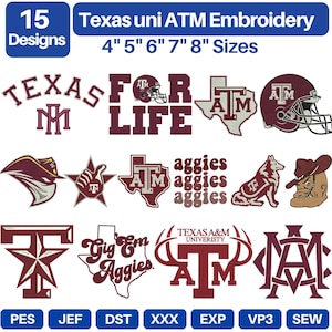 May include: A digital collection of 15 Texas A&M embroidery designs in 10.16, 12.7, 15.24, 17.78, and 20.32 cm sizes. The maroon and white graphics include text like Texas, For Life, Gig Em Aggies, and Texas A&M University, alongside logos, helmets, and mascots.
